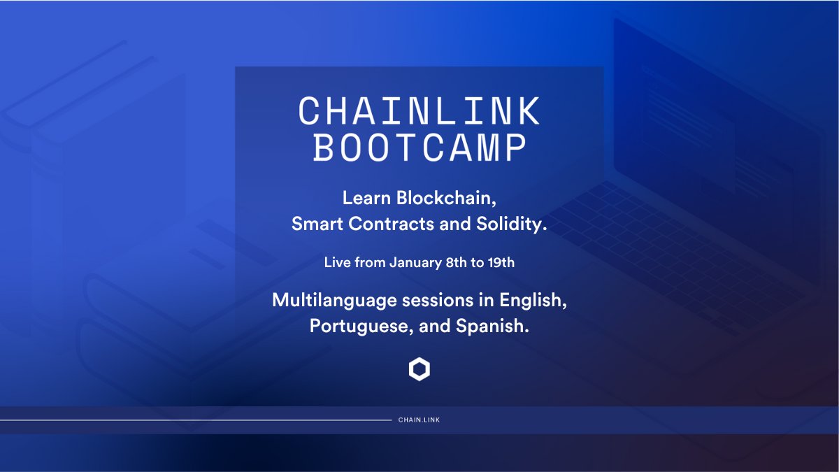 chainlink's tweet image. Kickstart your Web3 dev journey at the #Chainlink Bootcamp.
Join live sessions from January 8-19 to learn the basics of smart contracts, Solidity, Chainlink, and more ⬇️
English: lu.ma/qoqfl19p
Portuguese: lu.ma/ig70bk68
Spanish: lu.ma/fkr85zi7