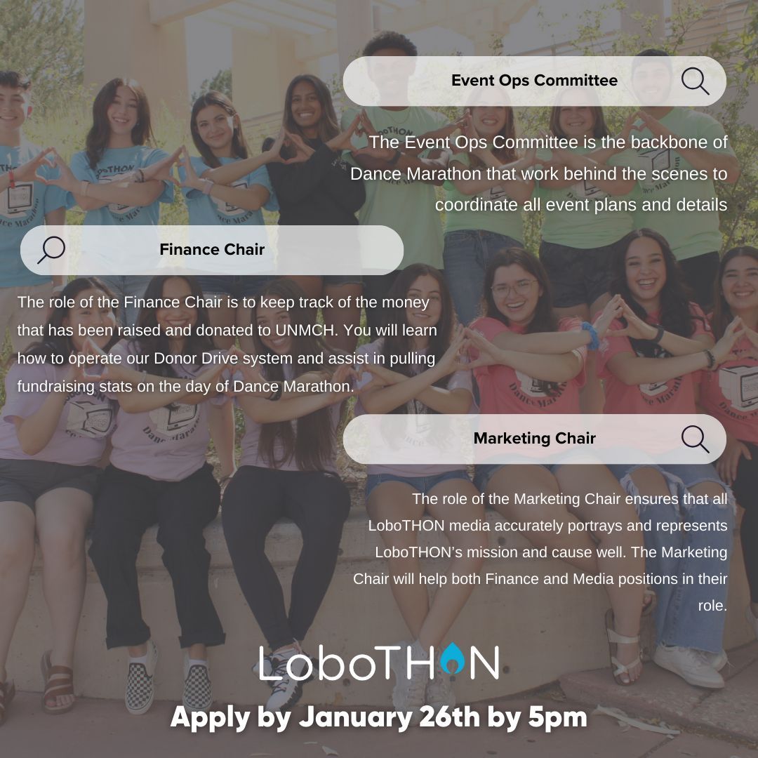 LoboTHON is now hiring!! Use the link in our bio to apply for either our Event Ops Committee, Finance Chair, or Marketing Chair!!
DM us with any questions!!!