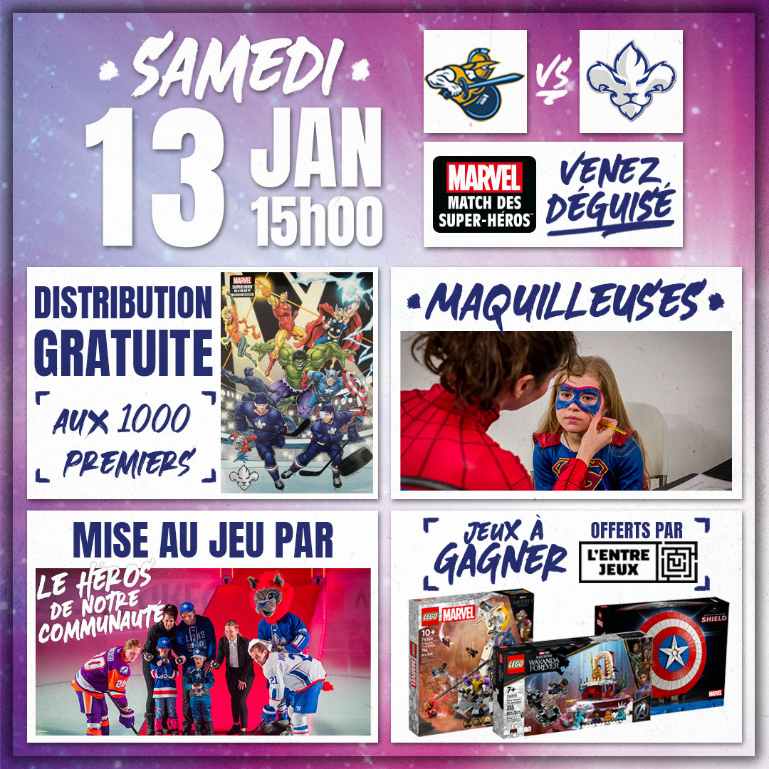 JOUR DE MATCH🦁

Venez déguisé! C'est le match Marvelᴹᴰ des Super-Héros!🦸

🆚 <a href="/atlgladiators/">Atlanta Gladiators</a> 
🏟 Colisée <a href="/Videotron/">Videotron</a> 
🏒 Début du match à 15h00
🦸 Match Marvel des Super-Héros
🖥 <a href="/TVASports/">TVA Sports</a> 
👨‍💻 <a href="/flosports/">FloSports</a> 
🎟  819 519-1634 | bit.ly/3tdKvvH