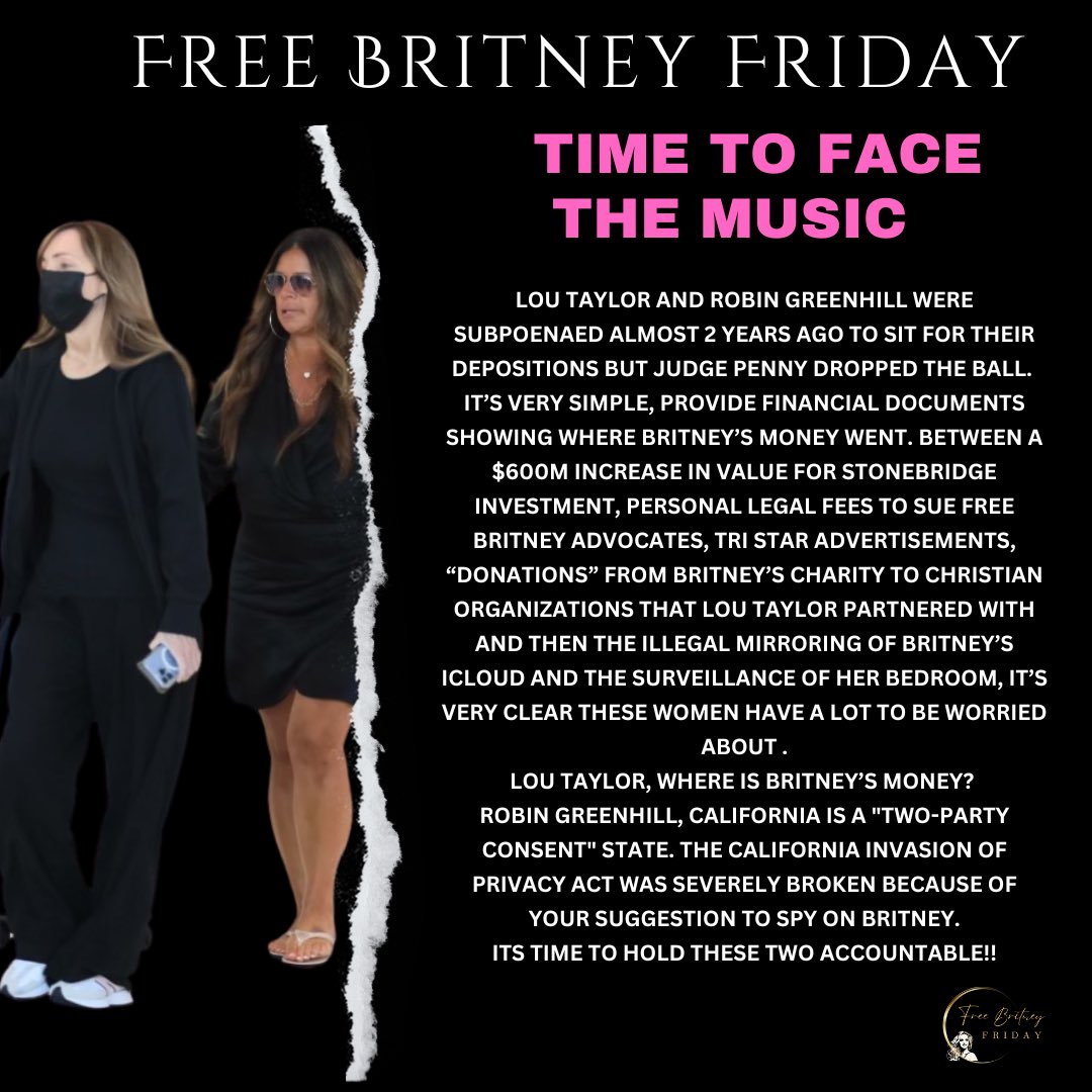 These women have dodged their depositions for close to 2yrs. Lou robbed Britney’s 💰 and Robin broke the CIPA law. It’s time for them to answer for their corrupt involvement and be held accountable ⚖️
 #JusticeForBritney  <a href="/GT_Law/">Greenberg Traurig LLP</a> <a href="/ACLU/">ACLU</a> <a href="/TheJusticeDept/">U.S. Department of Justice</a> <a href="/nytimes/">The New York Times</a> <a href="/FBI/">FBI</a> <a href="/DailyMail/">Daily Mail</a>