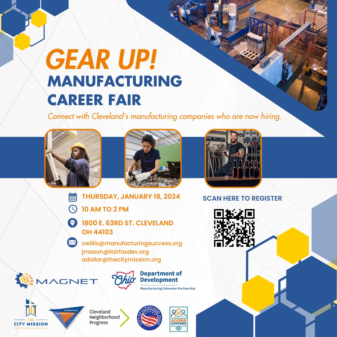 Mark your calendar for an upcoming career fair hosted at MAGNET: Gear Up! Manufacturing Career Fair January 18, 2024 10 AM to 2 PM Scan the QR code below to register. No experience necessary. Representatives from local manufacturing training programs will be onsite.