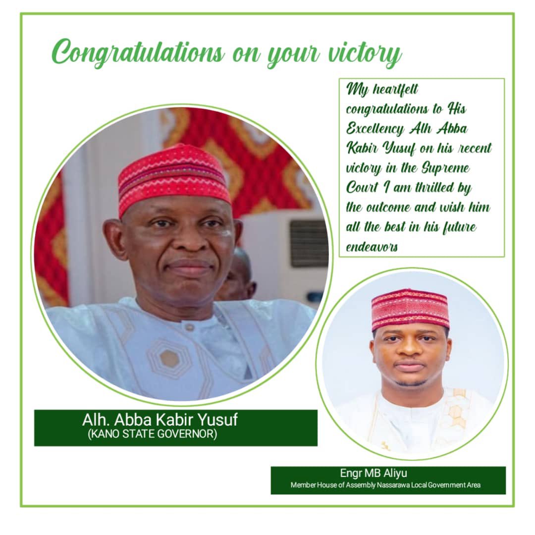 My heartfelt congratulations to His Excellency <a href="/Kyusufabba/">Abba Kabir Yusuf</a> on his recent victory in the Supreme Court. I am thrilled by the outcome and wish him all the best in his future endeavors.- Mb Aliyu