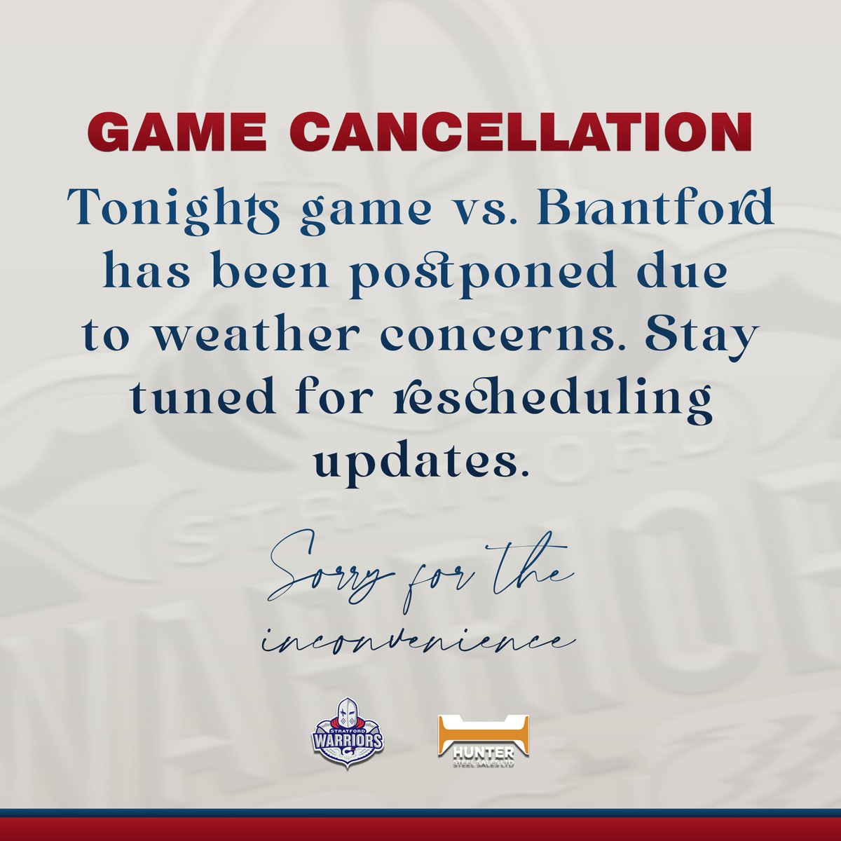 StratWarriors's tweet image. GAME CANCELLATION!

Our game tonight vs Brantford has been postponed. The games' rescheduled time will be released at a later date.