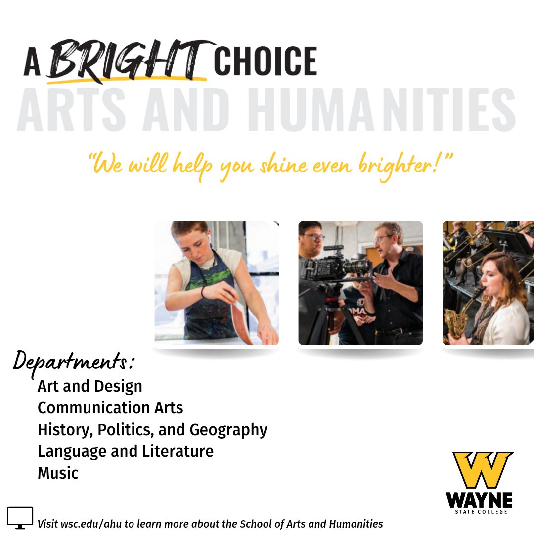 wscadmissions's tweet photo. Using the start of 2024 to highlight the various schools and departments within Wayne State College each month! This January, we will be featuring the School of Arts &amp; Humanities at Wayne State. 

#ChooseWSC https://t.co/ao4VMtgOK4