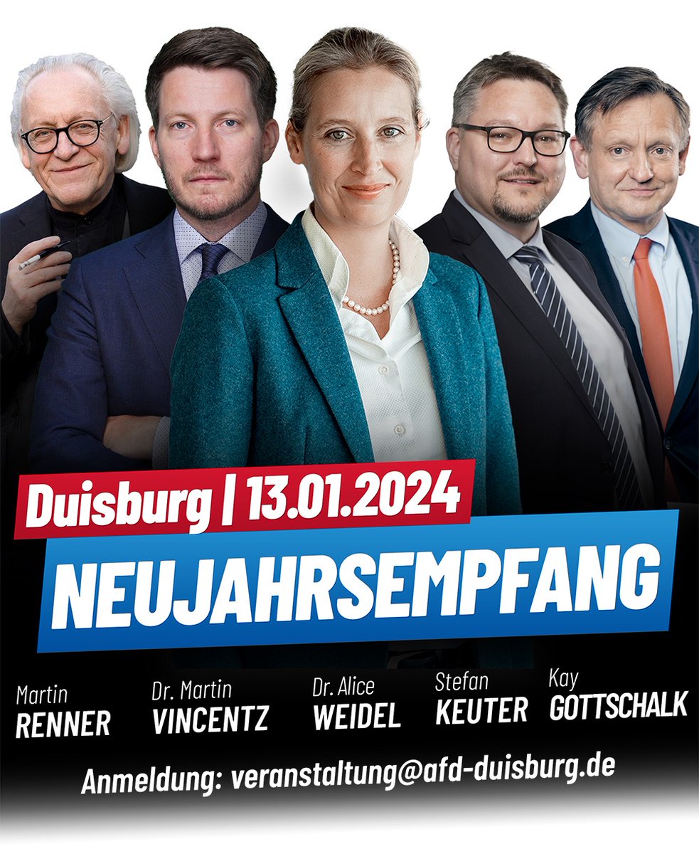 Neujahrsempfang:

Morgen (13. Januar 2024) in Duisburg.

Es haben sich viele, viele, sehr viele Besucher angemeldet.

Zeit für die Zeitenwende.

Wendezeit.

Grüße

Ihr

Martin E. Renner, MdB und Mit-Gründer
der "Alternative für Deutschland"

facebook.com/photo/?fbid=93… #AfD #Duisburg
