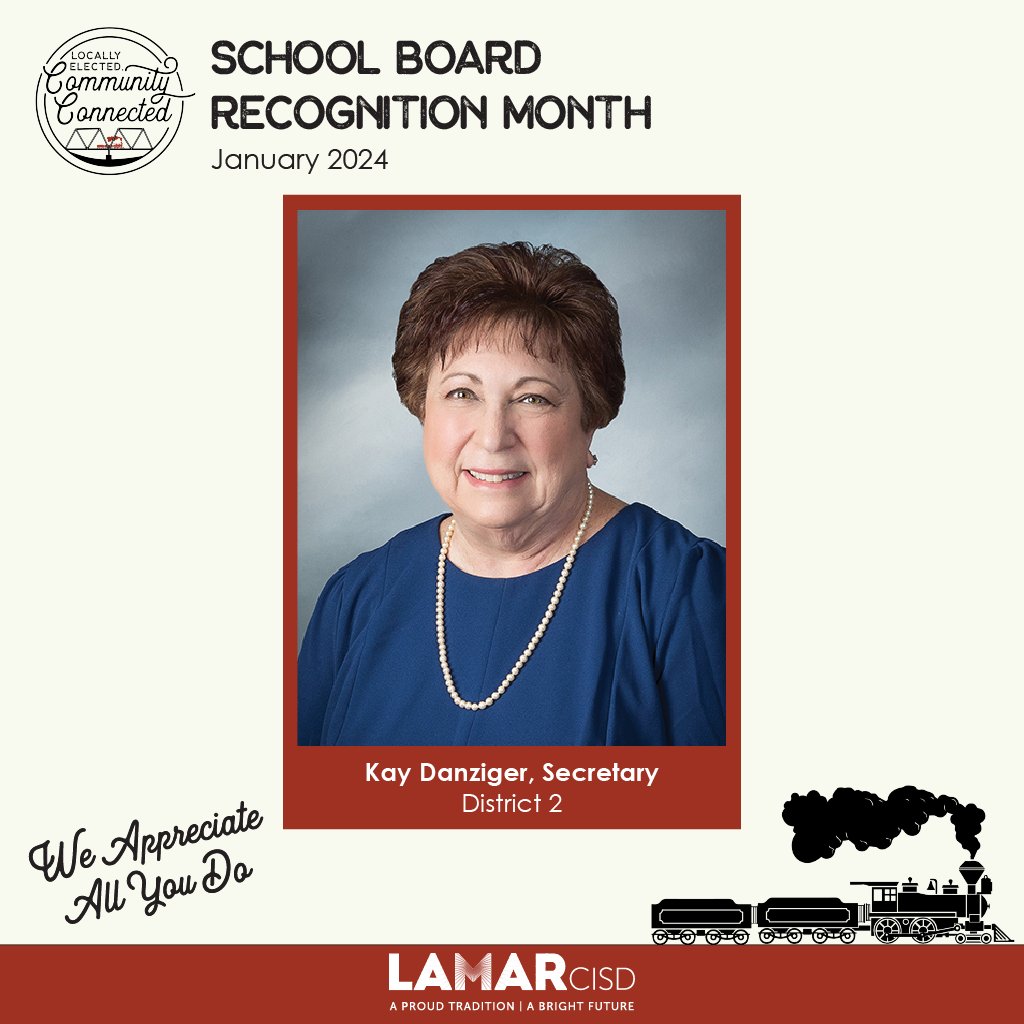 LamarCISD's tweet photo. Meet #LamarCISDBoard Secretary Kay Danziger 🍎

She represents District 2, loves to eat at Hunan Gardens, and watch sports. 

Her advice to students is the old proverb by Lao Tzu which says, "Give a man a fish he eats for a day, teach him how to fish and he eats for a lifetime.” https://t.co/FdkfUK1PS5