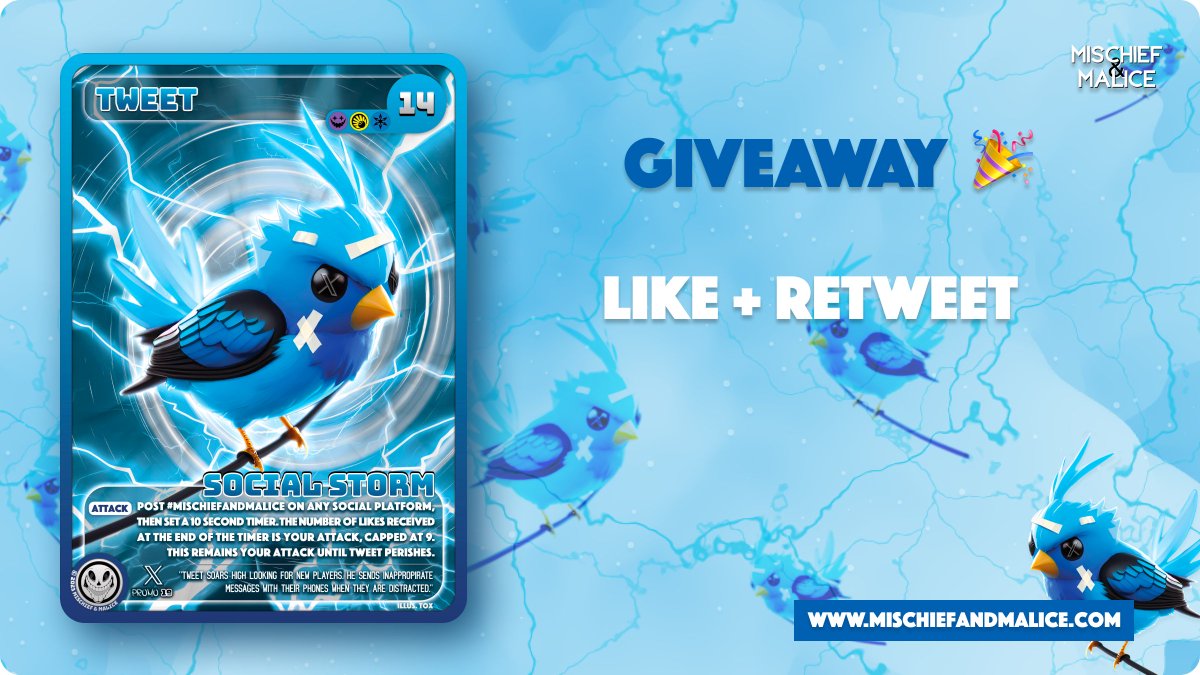 Introducing Tweet, our social media exclusive promo!

Tweet soars high looking for new players. He sends inappropriate messages with their phones when they are distracted.

We are giving away five of these holographic Tweet promos! To enter, simply like and retweet! 🎉