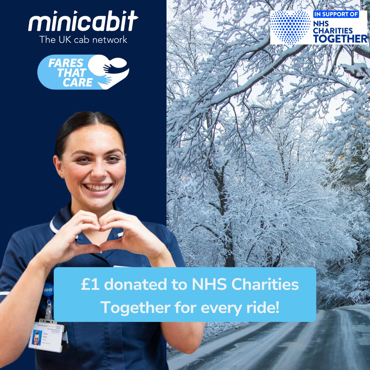 Fares That Care is back! Make your journey matter. minicabit will donate £1 to NHS Charities Together for each cab journey you book now that’s completed by 28th Jan 2024. Book your trip today -> minicabit.com #NHSTogetherUK #FaresThatCare #minicabit