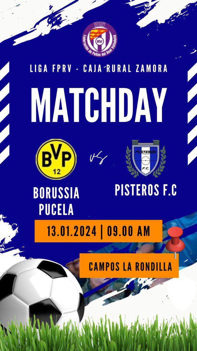 PisterosFutbol7's tweet photo. Llegó el momento más esperado. Mañana es día de derbi a orillas del Pisuerga. 

Partido clave para certificar la clasificación a la fase final ante nuestros hermanos 💙💛⚽

🎙️ J12 Torneo Apertura
⚽ Pisteros FC - @borussiapucela
📆 Sábado 13 de Enero
🕘 09:00
🏟️ Rondilla
☁️ 1°C https://t.co/6qSDiwYKW1