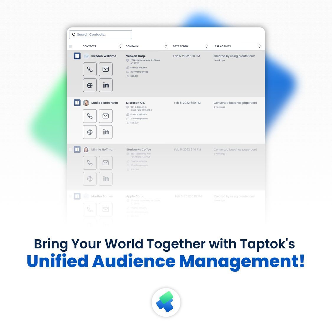 Imagine having all your contacts, leads, and connections in one easy-to-navigate dashboard. With Taptok, it's not just a dream – it's reality! Simplify your networking and audience management in a way that's both intuitive and powerful. 🌍✨
.
.
.
#TaptokTech #ContactManagement