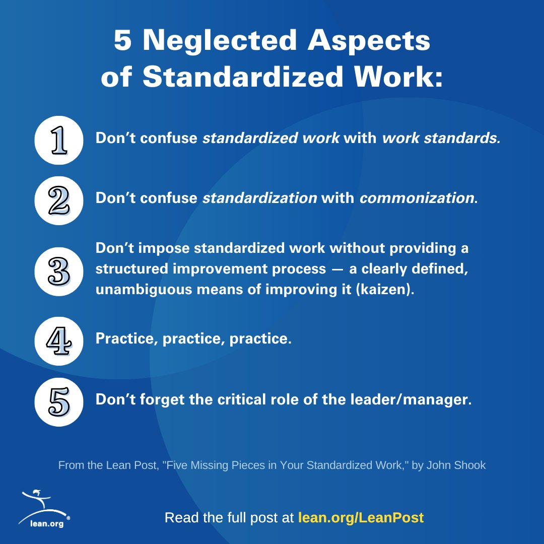 LeanDotOrg's tweet image. 5 Missing Pieces in Your Standardized Work

John Shook offers an overview of the five most frequent misunderstandings about standardized work. 

Read more: bit.ly/4aRAhT5

#LeanThinking #StandardizedWork #ContinuousImprovement #Coaching