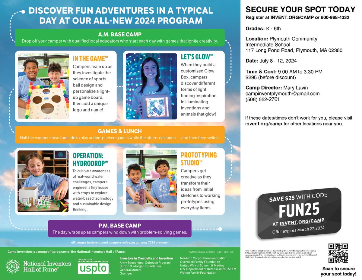 PPS_Science's tweet image. Plymouth is 32% sold out for @CampInvention from 7/8-7/12.  We encourage you to check out this amazing opportunity for your entering K-6 students.  Availability is limited, visit invent.org/mylocalcamp or call 800-968-4332 to secure your child’s spot today! @PlymouthSch