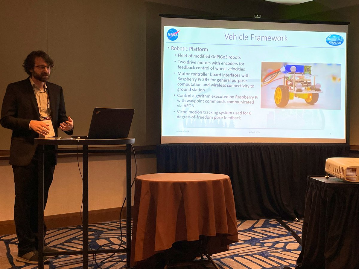 Dr. John Cooper from <a href="/NASA_Langley/">NASA Langley Research Center</a> Autonomous Systems Branch presenting “Multi-Agent Search and Rescue Applied to a Swarm of Ground Vehicles” at #AIAASciTech 2024. His talk featured AEON, BEAM, and our beloved GoPiGo3 “PiGlet” 🐽 robots.