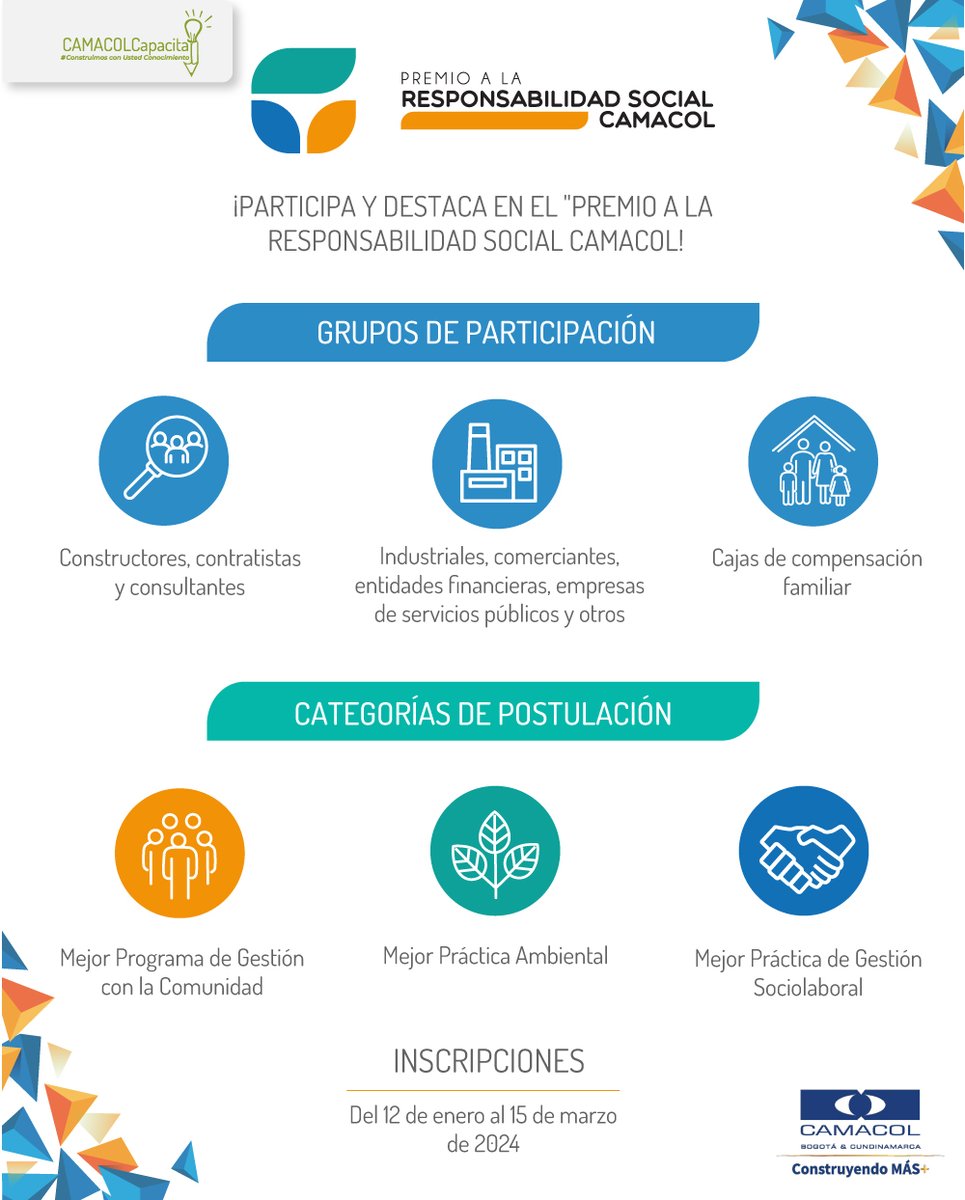 CAMACOLBOGOTA's tweet photo. ¡Abrimos inscripciones para nuestro Premio a la Responsabilidad Social!
¿Conoce qué es? Es un reconocimiento que identifica y exalta experiencias exitosas, de alto impacto y generadoras de valor lideradas por las empresas del sector.
Postulaciones aquí: https://t.co/1ofObdobjb https://t.co/23eR3QKSZd