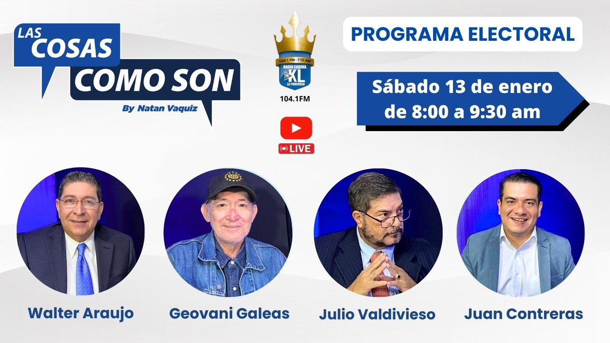 Mis amigos! Mañana tendremos la primera edición del programa de #AnálisisPolíticoElectoral 🗳️en #LasCosasComoSon, de cara a las elecciones presidenciales y de diputados del próximo 4⃣ de febrero.

▶️Nuestro panel será conformado por: Walter Araujo (<a href="/waraujo64/">Walter Araujo y Toda la Verdad</a>), Geovani Galeas