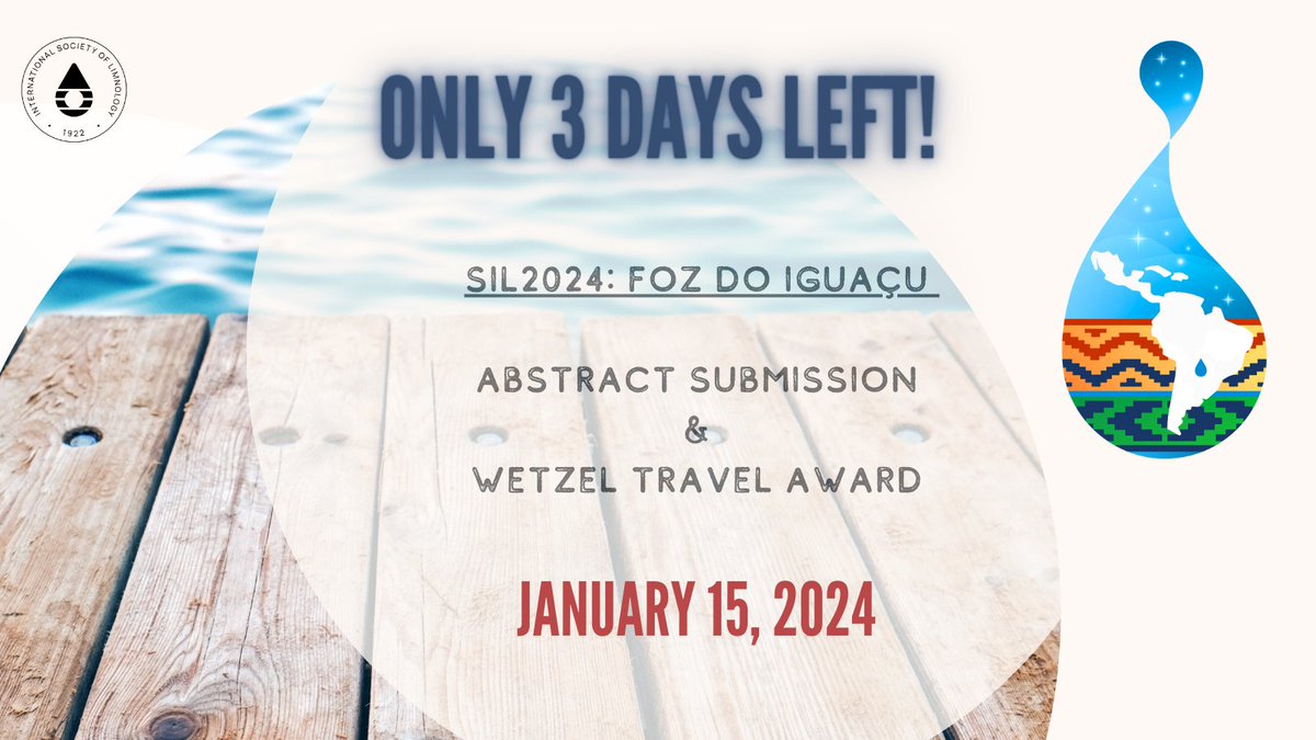 SIL_limnology's tweet photo. ⚠️ FINAL DEADLINE SOON ⚠️
SIL2024🇧🇷 Abstract and Travel Award applications 📩 📅 MONDAY, January 15, 2024
Useful links: 
👉Abstracts Submission: https://t.co/QPUDdk385e 
👉Wetzel Travel Award: https://t.co/wqI1IYG4Cd 
👉Special Sessions: https://t.co/7taVryAoy2 https://t.co/pGYl7SqriJ