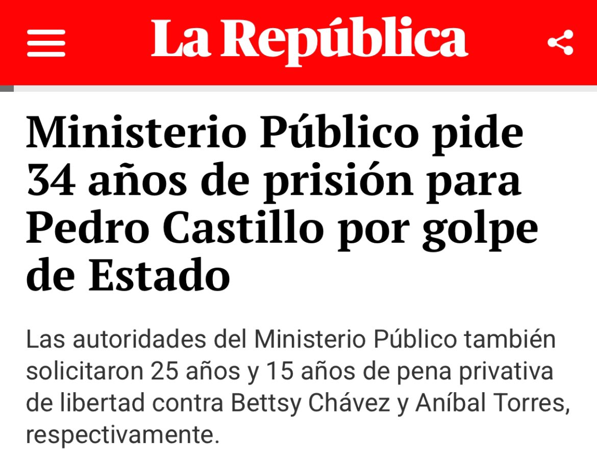 Si piden 34 años de cárcel para Castillo por INTENTAR disolver el Congreso entonces que Fujimori regrese a prisión por DISOLVER INCONSTITUCIONALMENTE el Congreso en 1992. Desde cuándo la “justicia” en Peru es una para un líder de la izquierda y es otra para un genocida y corrupto