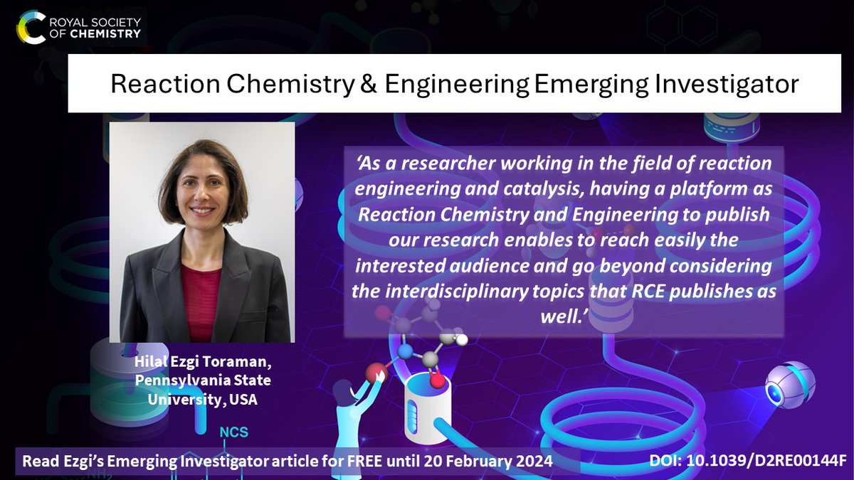 Find out about RCE Emerging Investigator Hilal Ezgi Toraman in our blog ➡rsc.li/3RWz5VZ Prof. Toraman et al's paper on experiments and kinetic modelling of Catalytic co-pyrolysis of LDPE and PE is FREE to read until 20th February 2024! pubs.rsc.org/en/content/art…