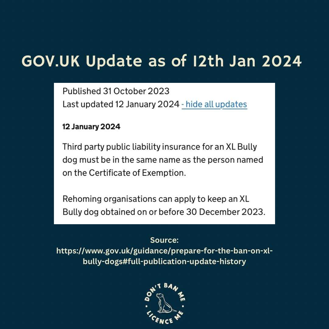 DEFRA have updated the Guidance - Prepare for the ban on XL Bully dogs. They have made clear that Third party public liability insurance for an XL Bully dog must be in the same name as the person named on the Certificate of Exemption. #xlbullyuk #EndBSL #xlbullyban