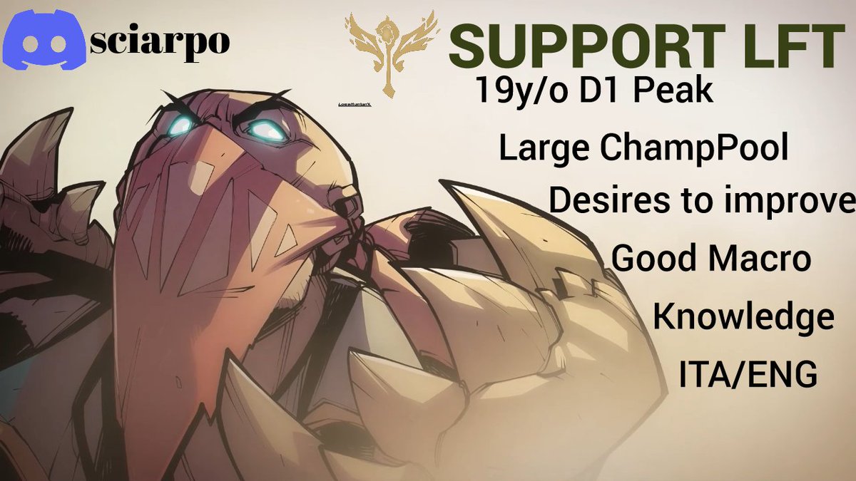 Sciarpaaaa's tweet image. LFT Support D1 100lp PEAK ELO playing since 2020

-Able to play any typo of support
-Able to shotcall
-Love to improve

@lft_lol_eu 
@LoL_LFT_Ita 
@LOL_LFT
#LFT #LeagueOfLegends #Italiano #English