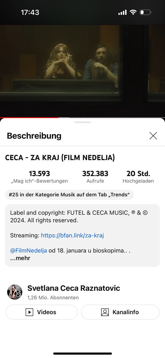 osudjennabol's tweet image. "Za kraj" u Švajcarskom YT trendingu već na 25. mestu za nepuna 24h, pritom jedina naša pesma generalno tu 😍 Bravo @CecaRaznatovic #ceca #zakraj #nedeljafilm
