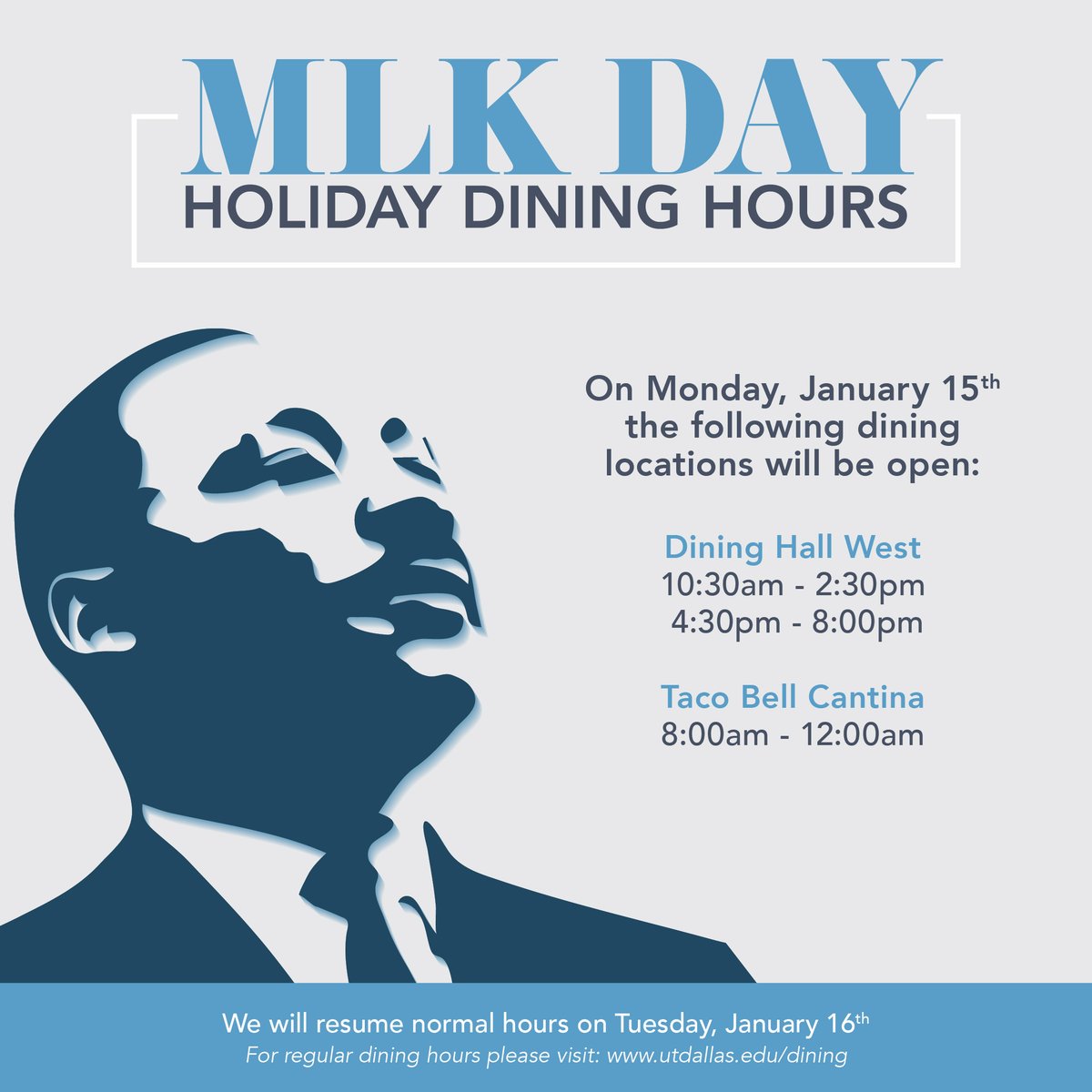 UTDallasDining's tweet photo. In honor of MLK Day next week, we will have limited dining hours.
We will update our social media accounts if there are any changes to the hours due to inclement weather.
#utdallasdining #utddining #utdallas https://t.co/kHNYQ80IlP