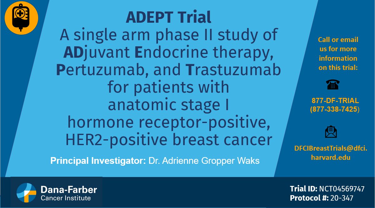 @DFCI_BreastOnc is leading the #ADEPT study, examining the non-chemotherapy combination of HER2-directed therapy (trastuzumab and pertuzumab) + hormonal therapy as a treatment after surgery for early HR+/HER2+ #BreastCancer. Call 877-338-7425 or visit: dana-farber.org/clinical-trial…