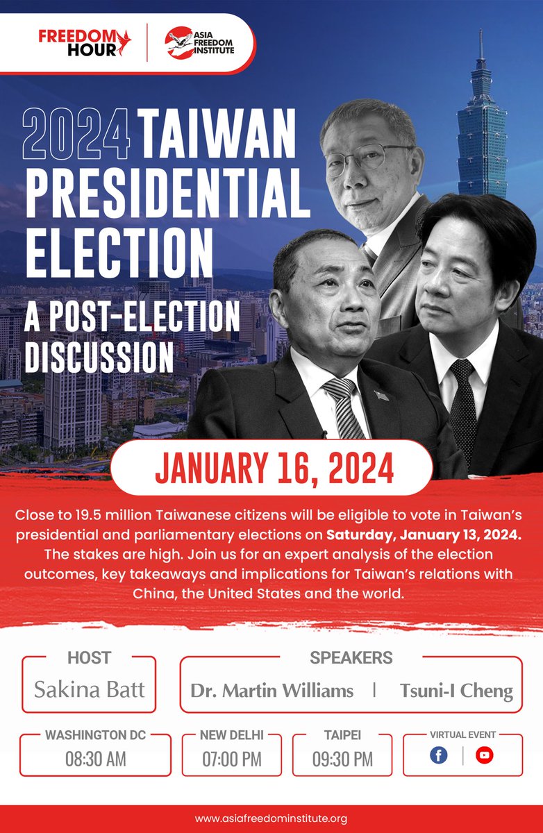 SakinaBatt's tweet photo. The most awaited election!
Watch us LIVE on AFI’s Facebook & YouTube
#asiafreedominstitute #AFI #taiwanelections2024 #taiwanelections #taiwan #china #Tibet #usa #freedomhour
@AsiaFreedomInst https://t.co/WsTb1yXXsE