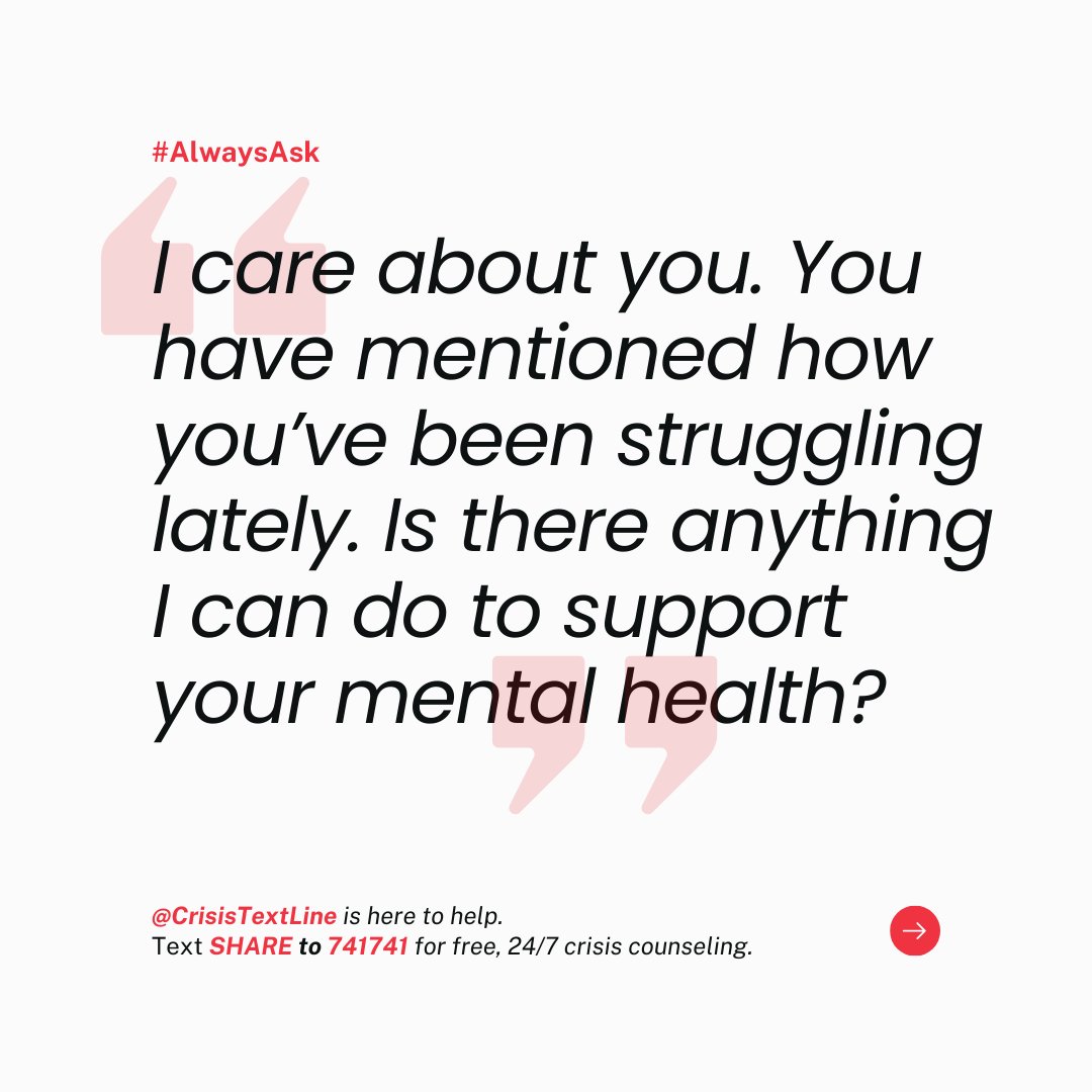 CrisisTextLine's tweet photo. Taking a moment to connect with your loved ones goes beyond a simple question—it's a genuine gesture of care. ❤️

#AlwaysAsk about mental health and remember, we're here to help you navigate those conversations. Text SHARE to 741741 for support. You're not alone. 🌟 https://t.co/qNSOyNKI8C