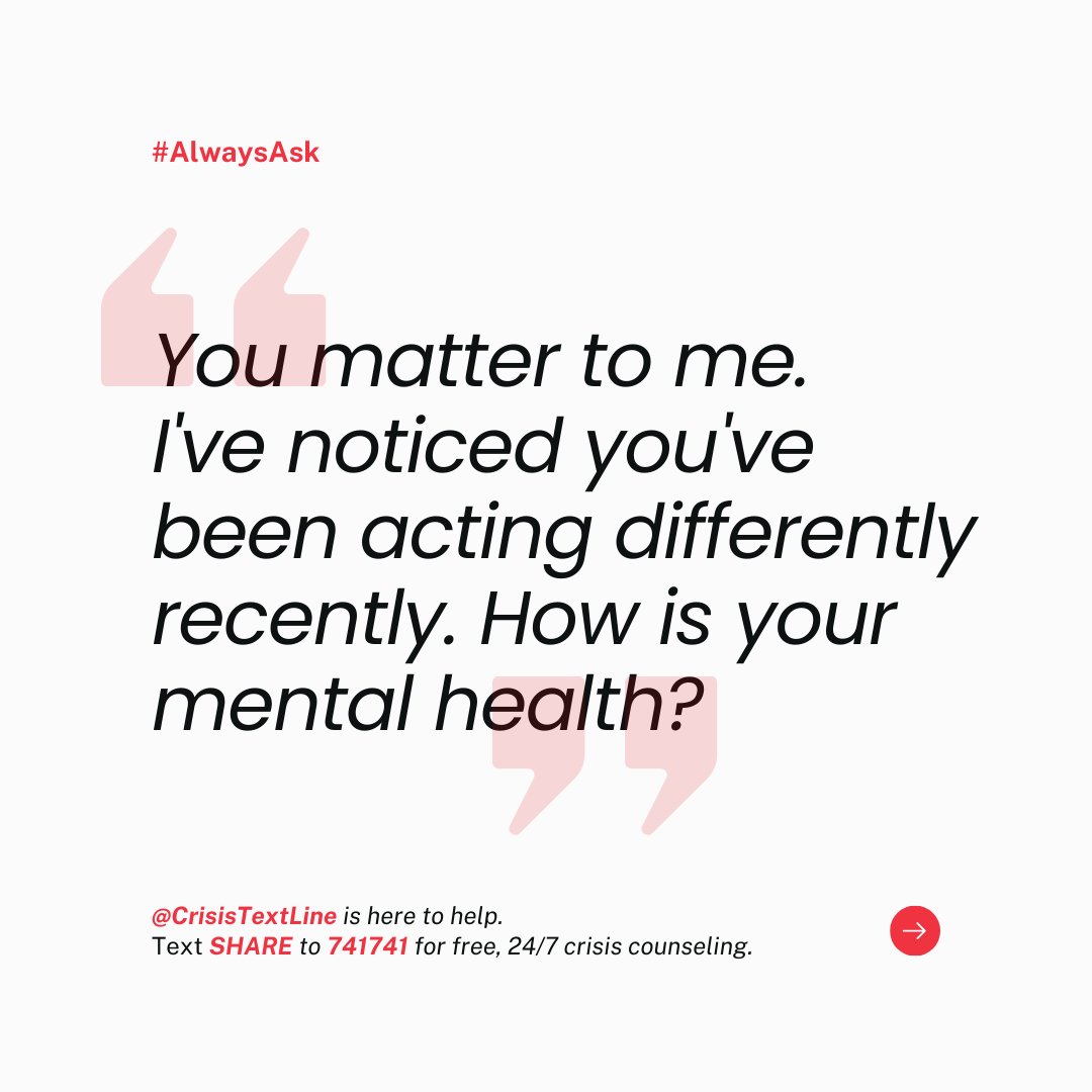 CrisisTextLine's tweet photo. Taking a moment to connect with your loved ones goes beyond a simple question—it's a genuine gesture of care. ❤️

#AlwaysAsk about mental health and remember, we're here to help you navigate those conversations. Text SHARE to 741741 for support. You're not alone. 🌟 https://t.co/qNSOyNKI8C