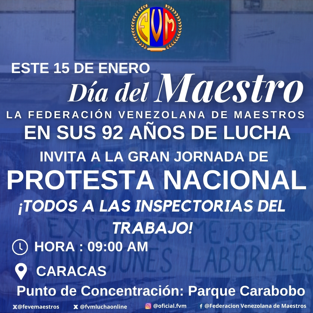 fevemaestros's tweet photo. Este 15 de enero Día del Maestro ratificamos que:
    ✔️ UNIDOS DEBEMOS PROTESTAR
    ✔️ UNIDOS DEBEMOS EXIGIR CONDICIONES LABORALES DIGNAS
#DiadelMaestro
#15deenero
#FederaciónVenezolanadeMaestros
#FVMenlaLucha
#MAGISTERIOUNIDO
#SalariosDignosYa 
#protestanacionaldelmagisterio https://t.co/7r1eEMrsIx