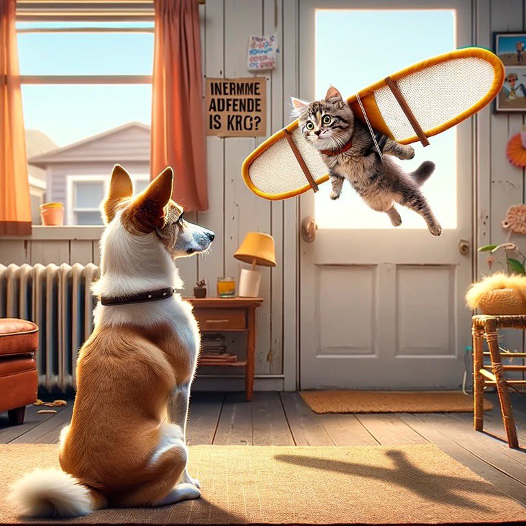 catmemeco's tweet photo. When your cat tries to take ‘aiming high’ literally and the dog can’t believe his eyes! 🐱🚀 What’s the wildest dream your pet seems to have? Let’s share some laughs!

#DreamBigCat #FunnyPets #DogAndCatTales #PetHumor #WhimsicalWednesday https://t.co/QFjcdS3Njc