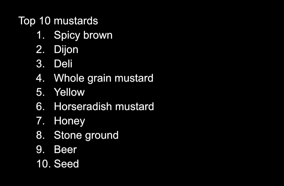 top10________'s tweet photo. Throwaway list,
Top 10 Mustards https://t.co/MRMdBwYn8z