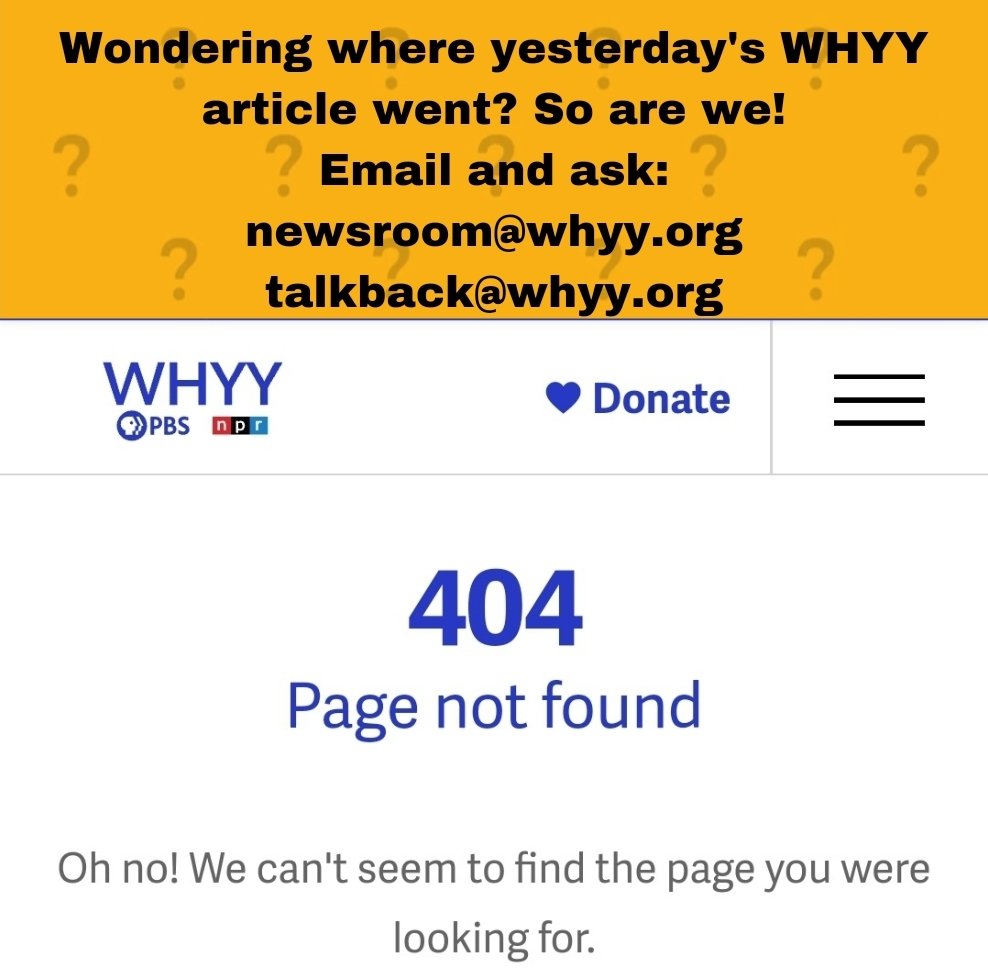 ProtectMutter's tweet photo. Wondering where yesterday's @WHYYNews article went? So are we! 
Email and ask:
newsroom@whyy.org
talkback@whyy.org https://t.co/u6Vd5dUyMi