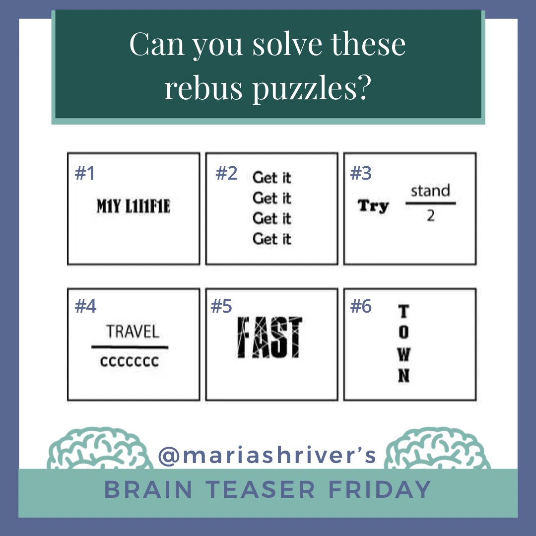 mariashriver's tweet photo. It’s a new year, so here’s a new brain teaser! Can you solve these rebus puzzles? Let me know your guess in the comments below. Remember, your brain is your greatest asset, so it deserves this time and attention. To feed your brain while supporting Alzheimer’s research, make sure to check out @mosh_life and eat some of our new plant based bars! And, to learn more about your brain and all that we can do for our brain health, make sure to follow @womensalz. 🧠 #brainteaserfriday