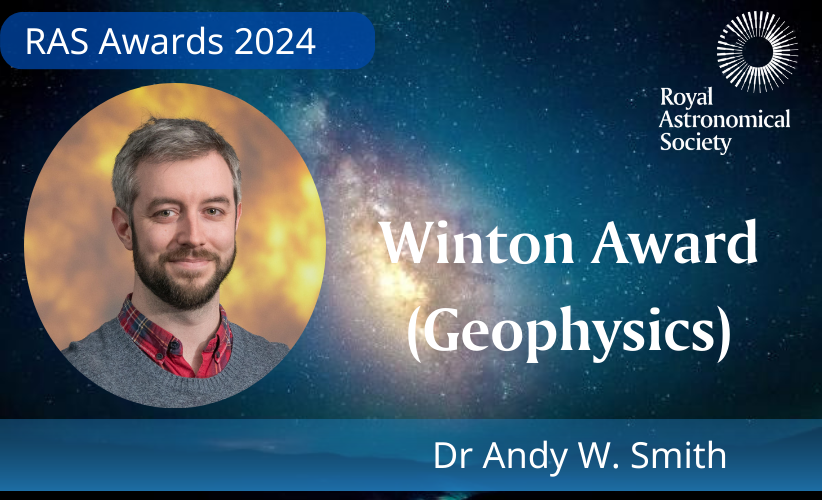 RoyalAstroSoc's tweet photo. The Winton Award for #Geophysics has been awarded to Dr Andy W. Smith of @NorthumbriaUni.

@ASmith0005 is recognised for his contributions to our understanding of magnetic reconnection at both Saturn and Mercury, as well as the effects of Space Weather on Earth.

#RASawards https://t.co/U2v4pjwdRa