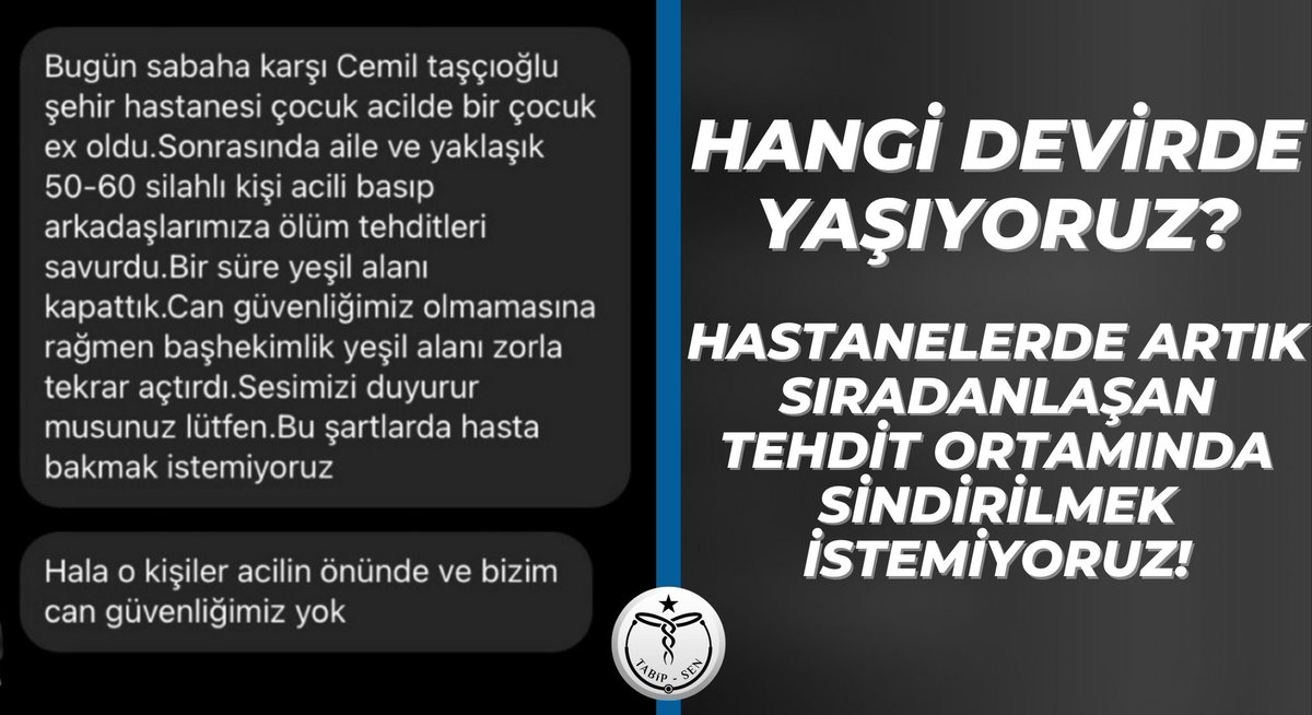 Hastanelerde artık sıradanlaşan tehdit ortamında sindirilmek istemiyoruz!

Prof. Dr. Cemil Taşçıoğlu Çocuk Acil Servisi’nde yine çocukların sağlığını korumak için gece gündüz hizmet veren doktoru silahlarla tehdit eden vandallar tarafından korkutulmak, sindirilmek ve saldırıya