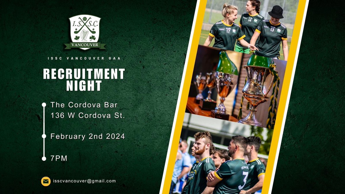 ISSCVancouver's tweet photo. * GAA Recruitment & Social Night *
On Feb 2 we host our annual recruitment and social night π€π½ππ»
Say goodbye to those January blues and say hello to your new teammates π
#isscabΓΊ #issc #isscvancouver #vancouvergaa #vangaa #canadagaa #gaa #lgfa #irishabroad #iecvisa https://t.co/db3vB8pp1N