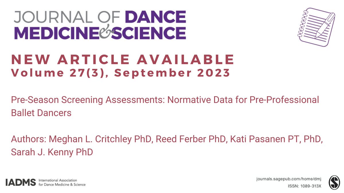 Research from JDMS suggests normative values for ankle and hip range of motion, lumbopelvic control, and dynamic balance in pre-professional ballet dancers can be established within pre-season screening assessments. Read more: journals.sagepub.com/doi/full/10.11… #ballet #screening