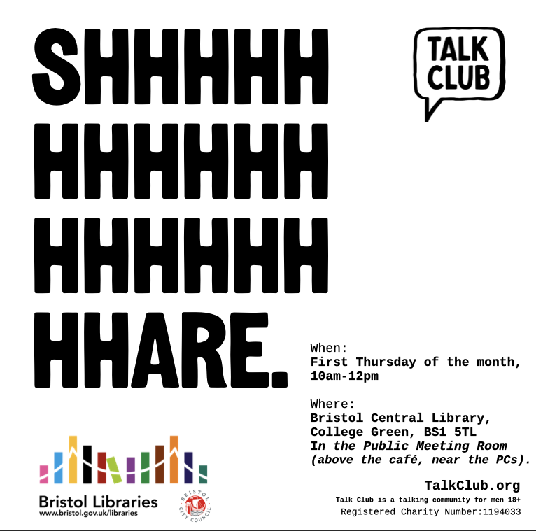 BristolLibrary's tweet photo. Finally, a library asking you to talk!

What:
A new Talk and Listen club for men, where we ask "How are you, out of 10?"

When:
First Thursday of the month,
10am-12pm

Where:
Bristol Central Library, College Green, BS1 5TL
In the Public Meeting Room 

@talkclubcharity https://t.co/1yKzZG4Yrp