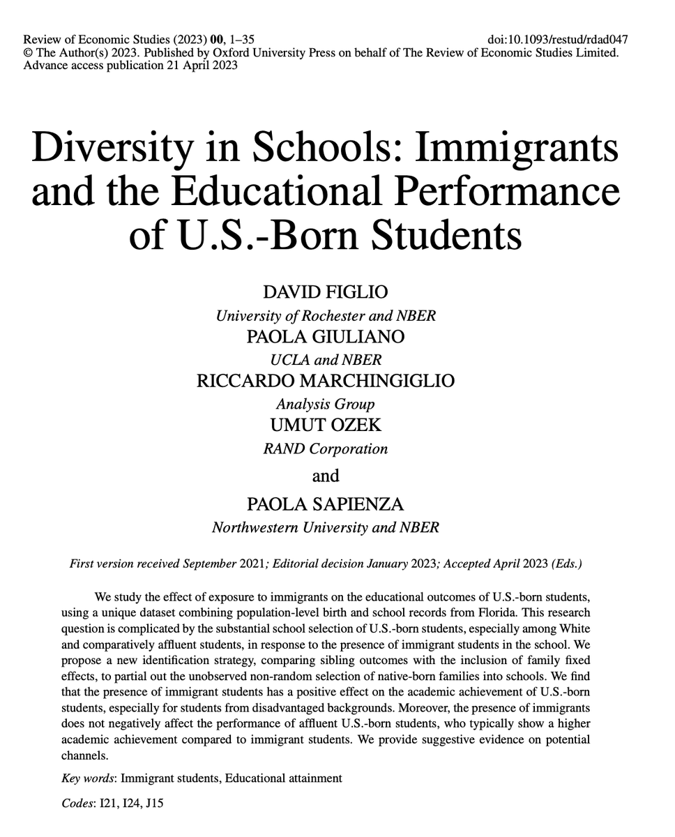 JohnHolbein1's tweet photo. Can you guess what happens when more immigrants move into a school district?
...
...
...

Student performance goes **up** as a direct result.

This effect is especially large for disadvantaged students.

https://t.co/ti1S7ujG3J https://t.co/jZKvqKhY5Y