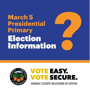 OCRegistrar's tweet photo. There is a lot to know about the upcoming March 5 Presidential Primary Election. #OrangeCounty has made it easy to find answers to your questions at: https://t.co/Iv0b3fVOCn. 

#OCVote #OrangeCounty #ElectionInformation https://t.co/3FUPT6Hb3i