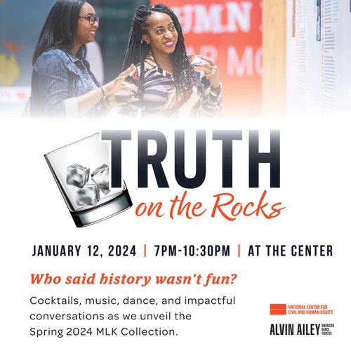 Kick-off MLK weekend with us with The Truth series: Truth on the Rocks. Tour the center with special guests and spark intriguing conversations. Get your tickets! bit.ly/46KQNkG #FeelThePower #TruthOnTheRocks #AlvinAiley