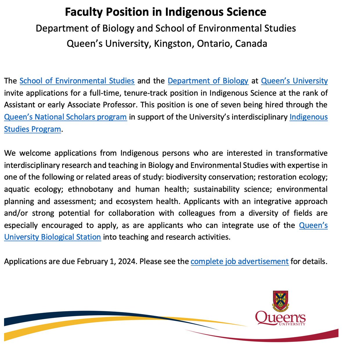 We're hiring for a faculty position in Indigenous Science <a href="/QueensUBio/">Queen's Biology</a> <a href="/QUBioStation/">QUBS</a> <a href="/queensu/">Queen's University</a>  #indigenousstudies See our website for details!