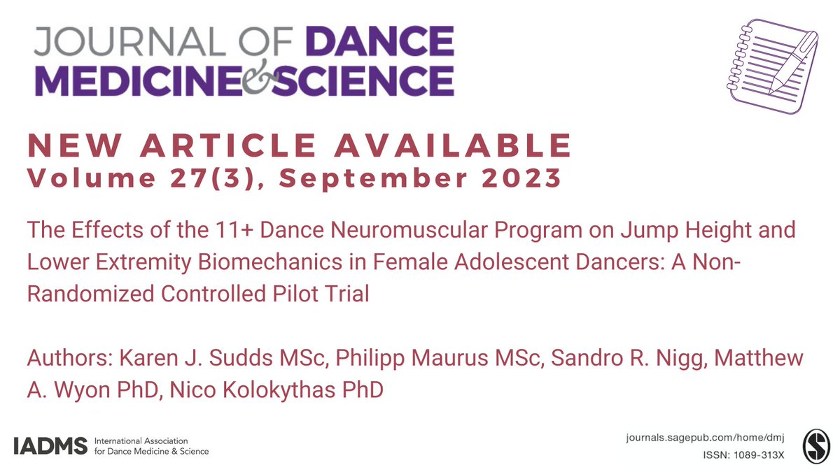 Research from JDMS suggests that the 11+ Dance Neuromuscular Program if performed twice per week for 8 weeks, may induce biomechanical adaptations resulting in prophylactic effects on overuse injuries. Read more here: journals.sagepub.com/doi/full/10.11…