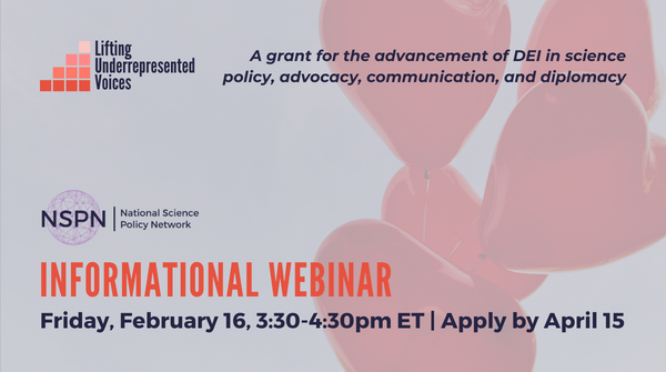 NSPN's Lifting Underrepresented Voices grant will launch on 2/26! The grant funds organizations outside of NSPN to uplift marginalized communities in #SciPol.

Join the info session on 2/16 at 3:30pm ET: ow.ly/WTaj50QotVv
Learn more about the grant: ow.ly/BlC950QotVx
