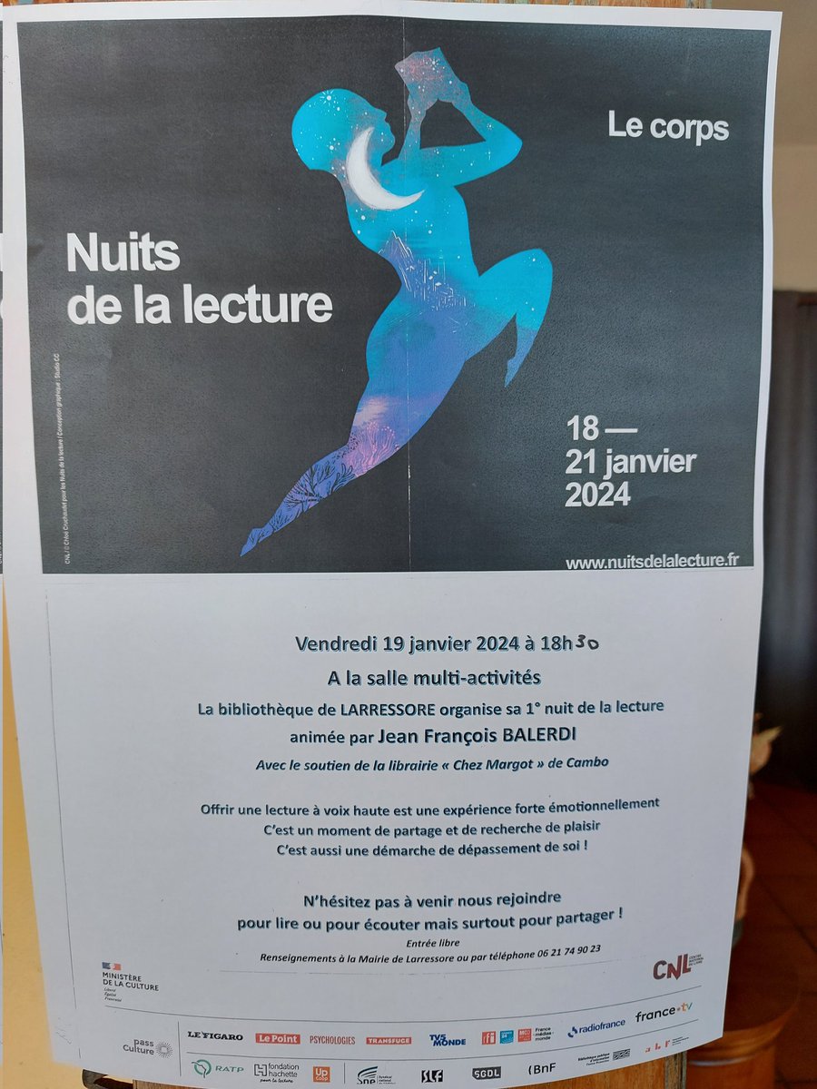 Vendredi 19 janvier à 18h30, venez participer à la 1ère nuit de la lecture <a href="/LeCNL/">CNL - Centre national du livre</a> organisée par la bibliothèque de #Larressore et animée par Jean-François Balerdi dont les jeux de mots sauront nous surprendre et nous amuser.