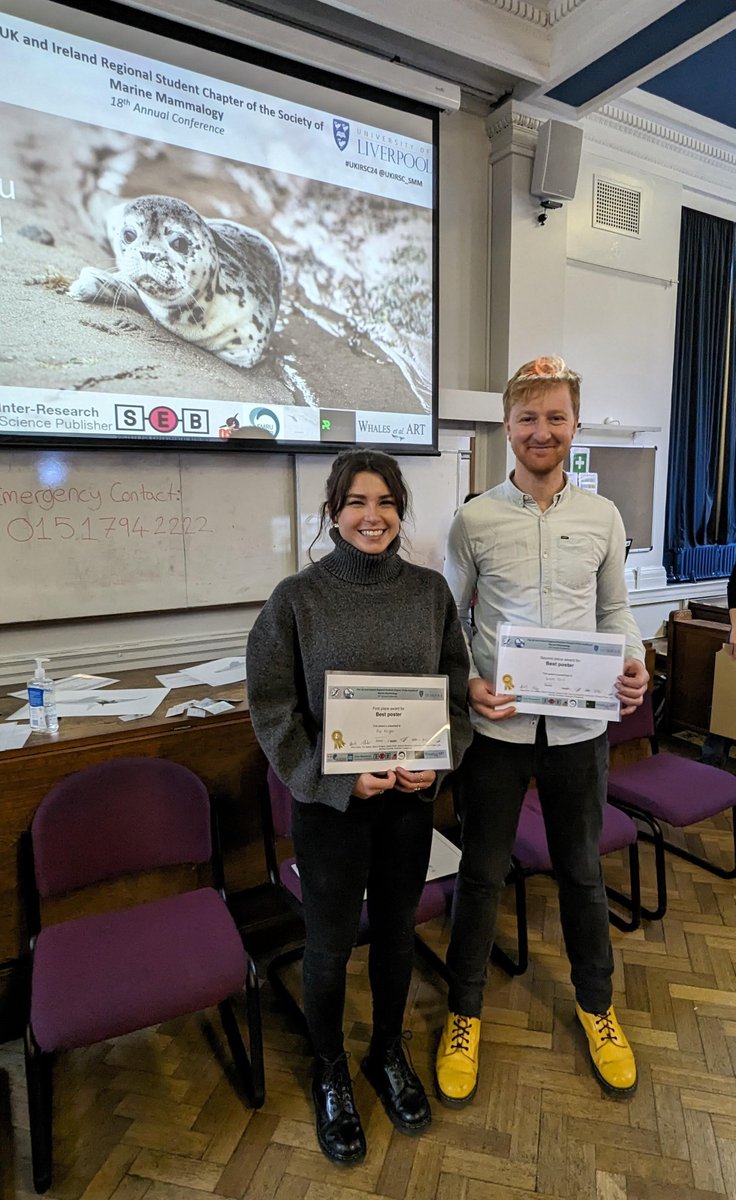 Congratulations to @PhilippaWrigh16 and @Grant__Ellis - winners of best poster and best runner up poster at the #UKIRSC24 conference this week - a huge well done to both of you 👏👏👏 🦭🐟🐬