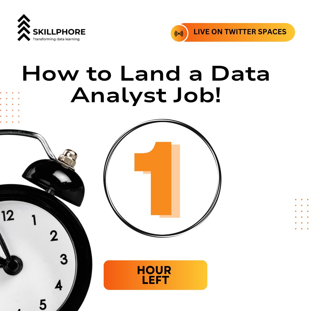 skillphore's tweet photo. 1 hour to go‼️‼️

Learn How to Ace Your Interview and Land a Data Analyst Job.

Don’t miss out!!

⏰: 7:00pm-8:30pm (WAT)

📍: X (Twitter) Spaces

🔗: https://t.co/dwdEthEQWh https://t.co/RsSj7OOYPy