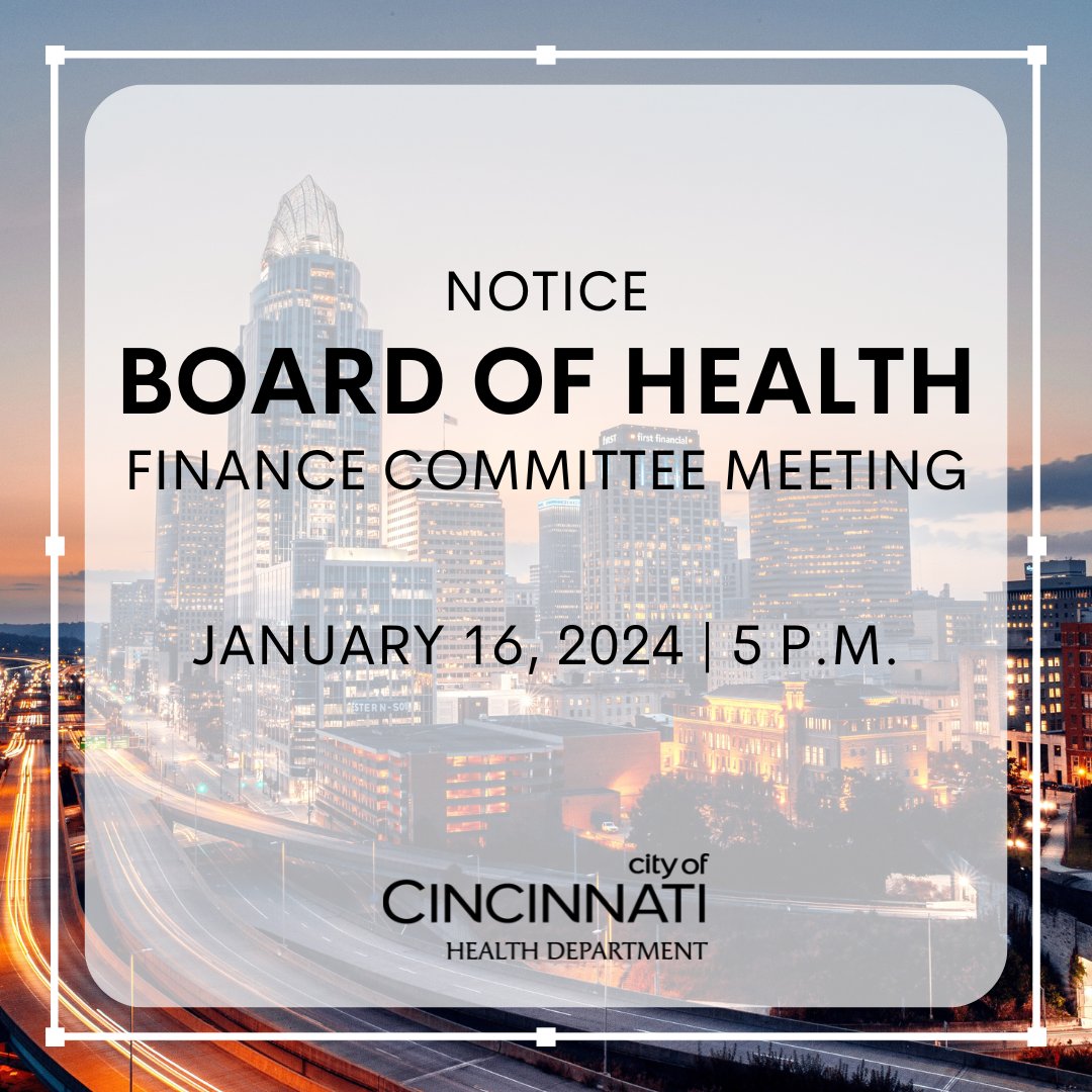 Cincinnati Health (@cincihealthdept) on Twitter photo 📢 The next Board of Health Finance Committee meeting will be livestreamed Tue, Jan. 16, 2024, at 5pm on the CHD Facebook page. To watch: Facebook.com/CincinnatiHeal….
You may submit questions to the Board of Health Finance Committee to boh.clerk@cincinnati-oh.gov until 5pm on 1/16. 📢 The next Board of Health Finance Committee meeting will be livestreamed Tue, Jan. 16, 2024, at 5pm on the CHD Facebook page. To watch: Facebook.com/CincinnatiHeal….
You may submit questions to the Board of Health Finance Committee to boh.clerk@cincinnati-oh.gov until 5pm on 1/16.
